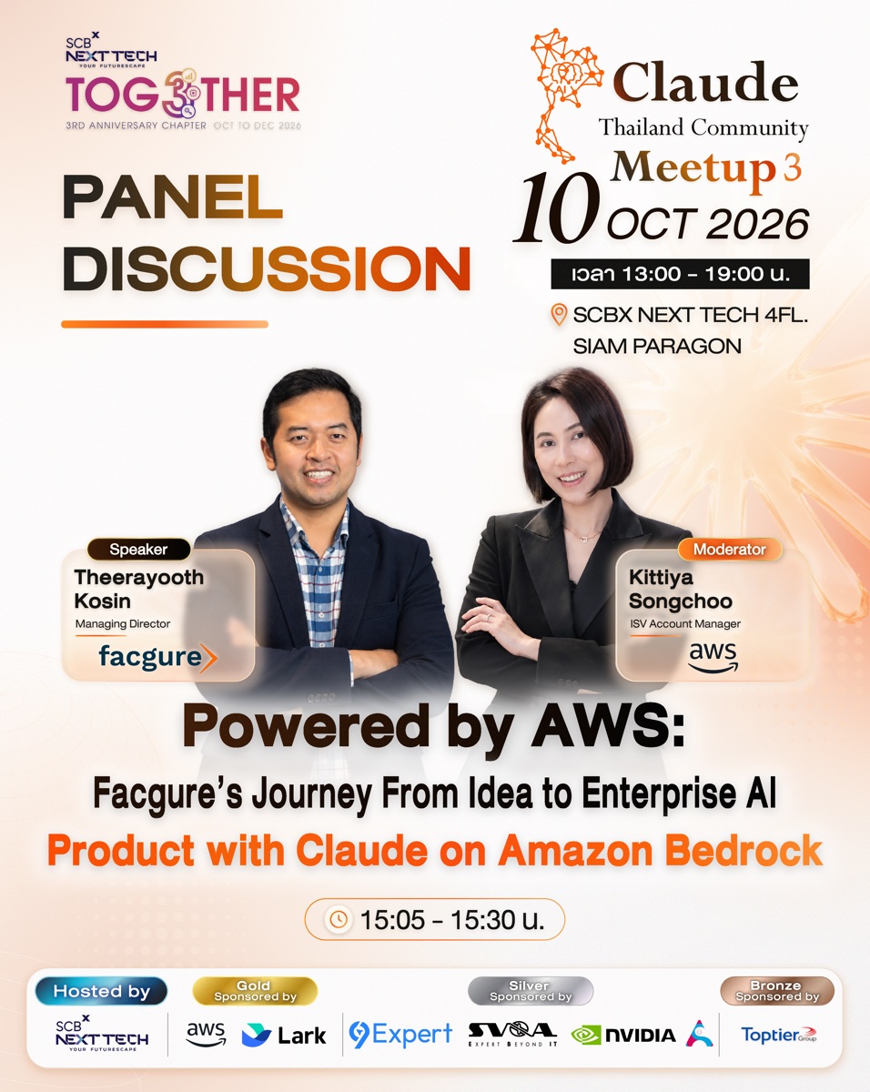 การ์ด Panel Discussion หัวข้อ Powered by AWS: Facgure’s Journey From Idea to Enterprise AI Product with Claude on Amazon Bedrock เวลา 15:05 - 15:30 น. Speaker คือ Theerayooth Kosin Managing Director ของ facgure ดำเนินรายการโดย Kittiya Songchoo ISV Account Manager ของ AWS