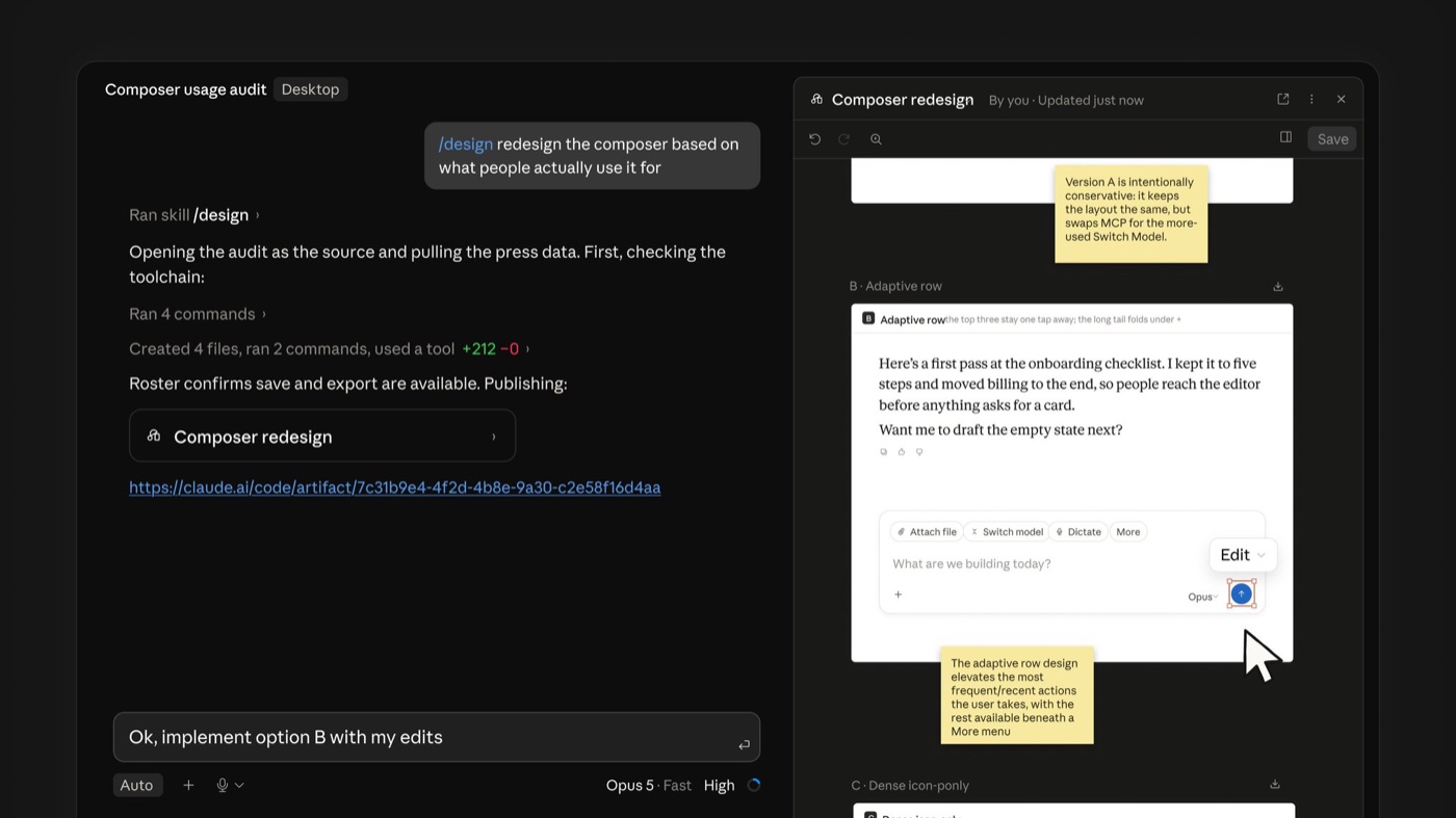 Screenshot of Claude Code. On the left is a chat where the user typed a /design command asking for a composer redesign. On the right is a panel titled Composer redesign showing several artboards stacked vertically, each with a yellow sticky note explaining the rationale behind that design