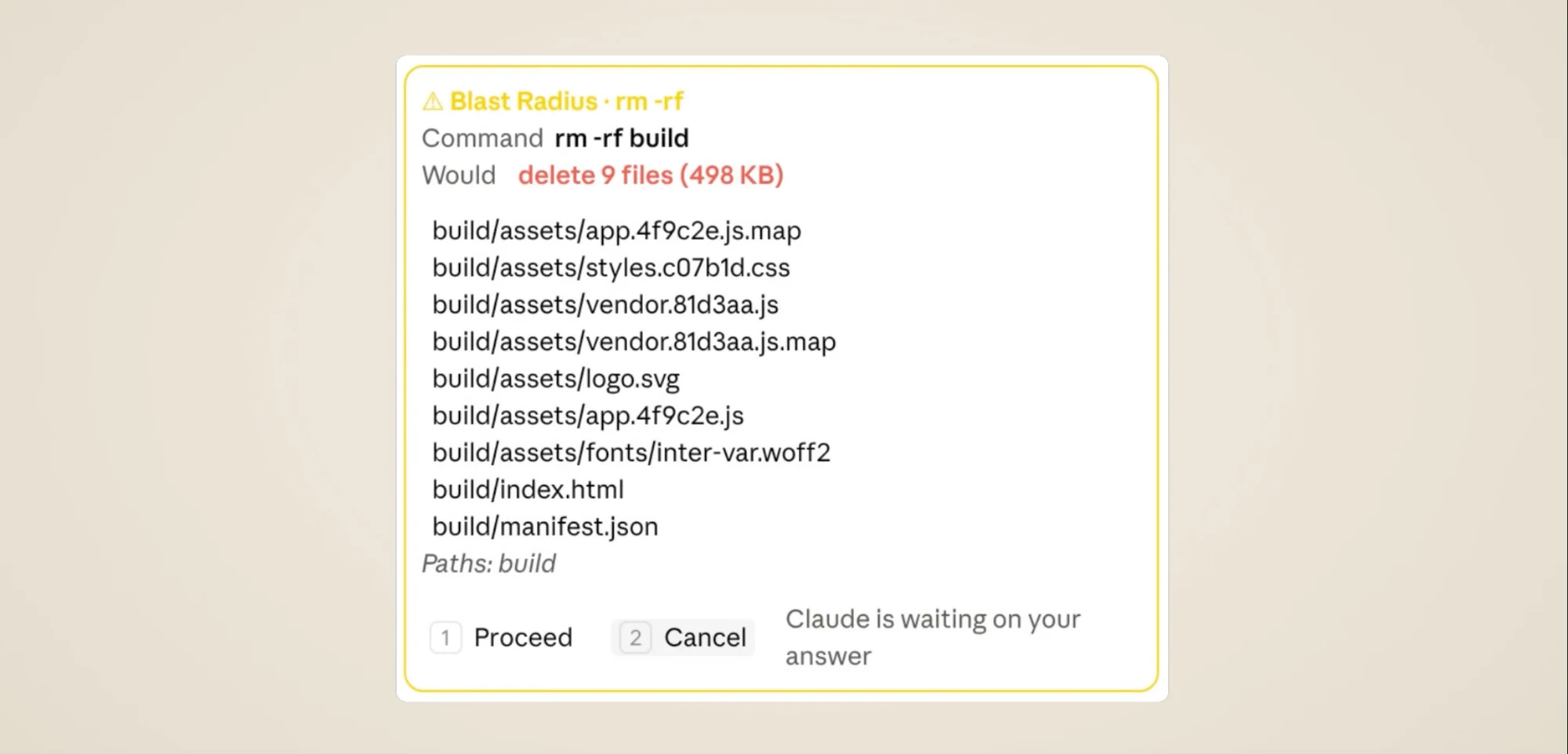 Screenshot of a mod called Blast Radius in Claude Code. A warning box with a yellow border is headed Blast Radius and rm -rf. The next line shows the command rm -rf build, with red text saying it would delete 9 files totaling 498 KB, followed by the full list of files in the build folder, such as build/assets/app.4f9c2e.js, build/index.html, and build/manifest.json. At the bottom are two buttons, 1 Proceed and 2 Cancel, with a note that Claude is waiting on your answer